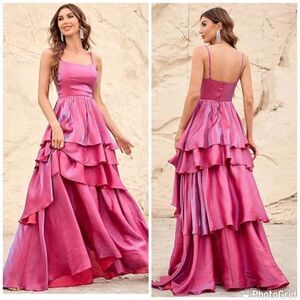 Faeriesty Rose Red Straight Gown Layer Hem Chiffon Cami Dress